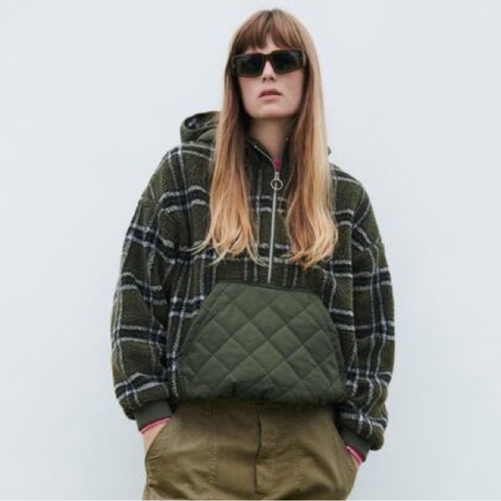 Zara Plaid Combination Hooded High Neck Jacket Olive XS Pocket